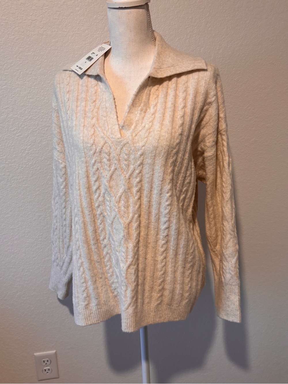 NWT Splendid Stassi Cable Knit Cream Polo Sweater sz Medium